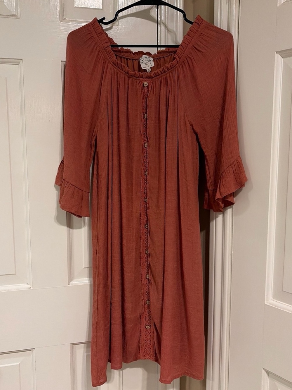 Rust Off-Shoulder Button Front Dress - Picture 2 of 7